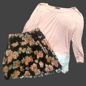 Cute Summer outfit stretchy flirty floral skirt black tan light pink sz Large